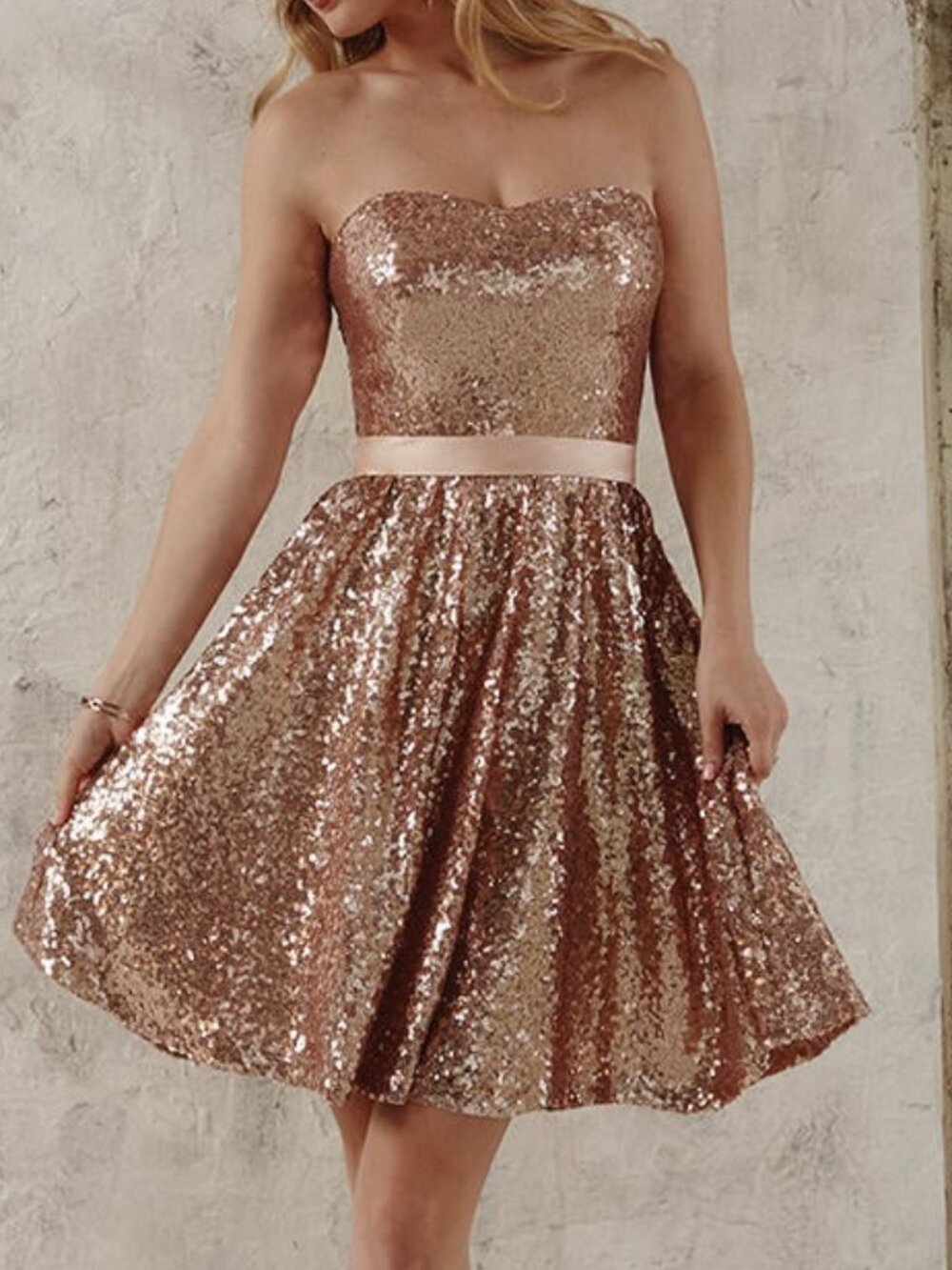 Gorgeous Sequin Rose Gold Strapless Christina Wu Dress
